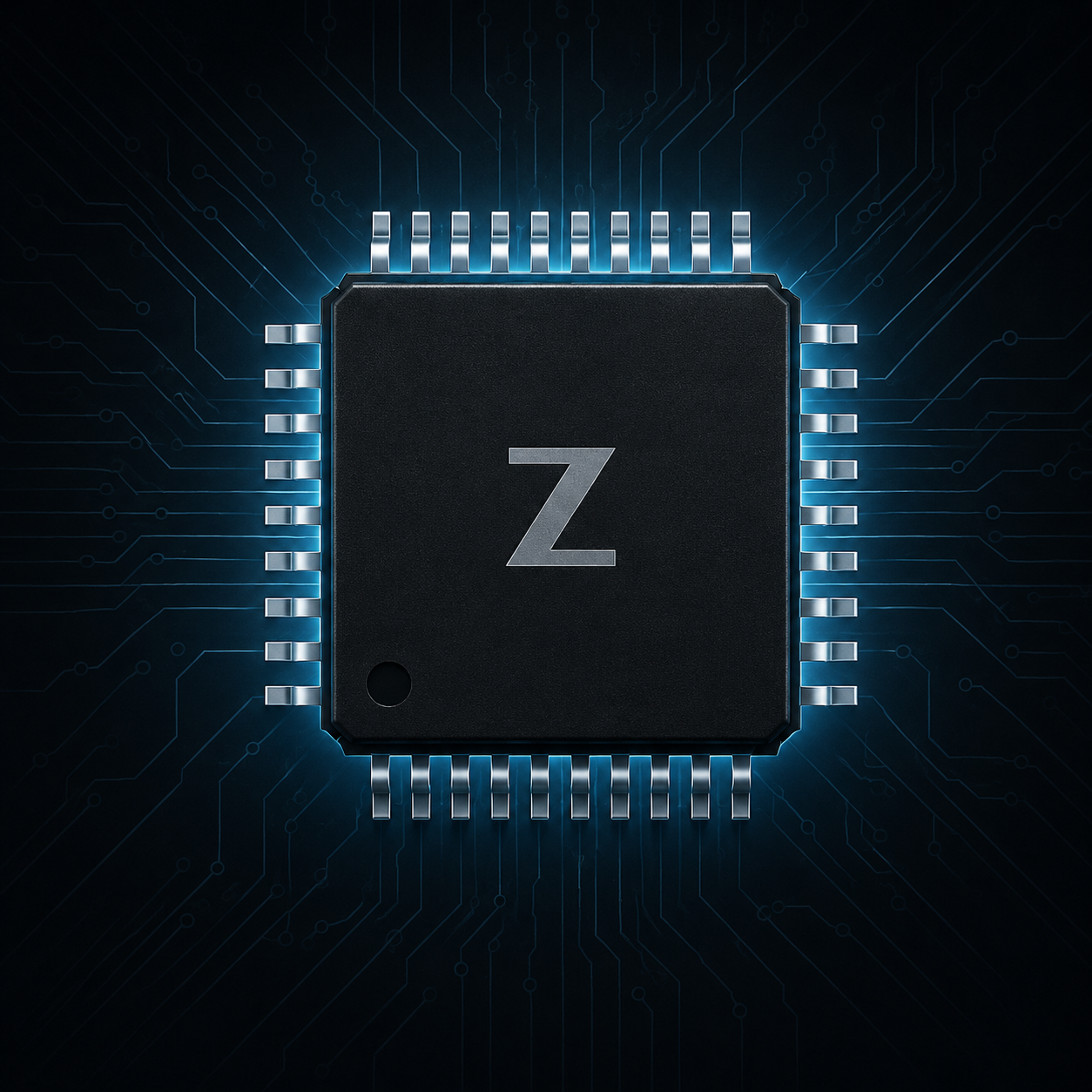 Schwarzer Mikrochip mit Z-Symbol auf einer Leiterplatte